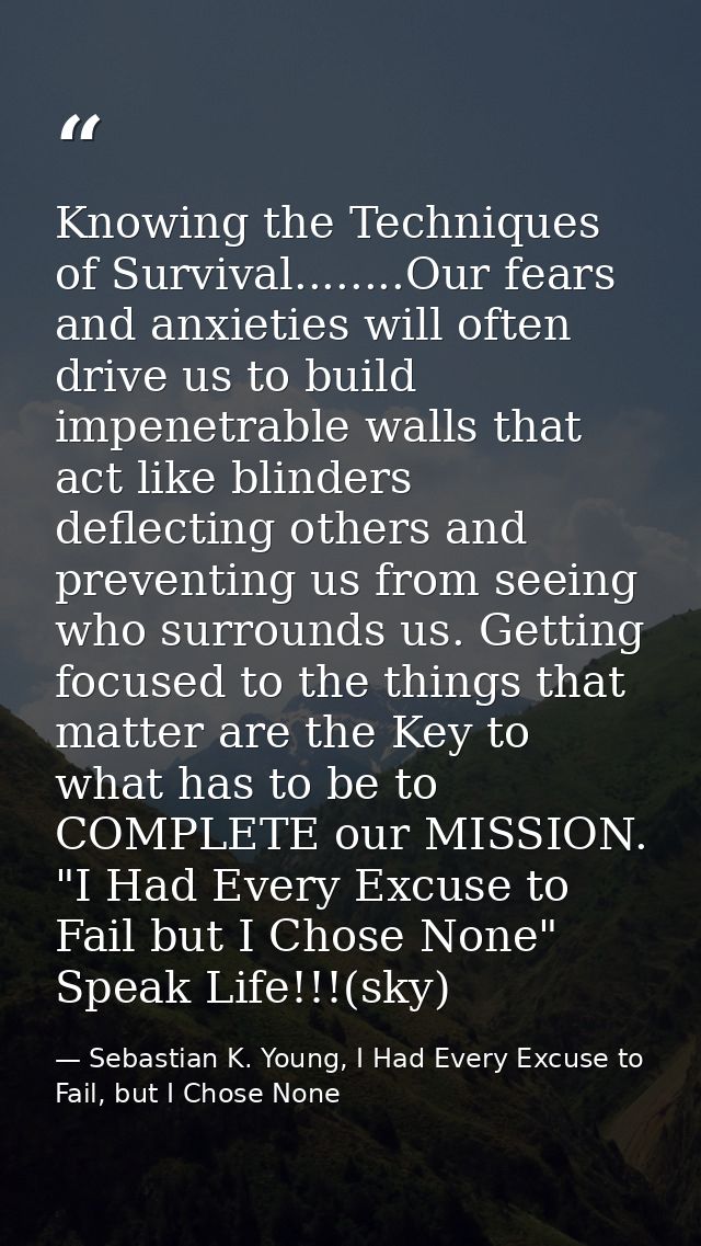 Knowing the Techniques of Survival........Our fears and anxieties will often drive us to build impenetrable walls that a — Sebastian K. Young, I Had Every Excuse to Fail, but I Chose None