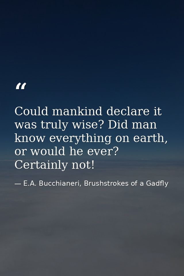 Could mankind declare it was truly wise? Did man know everything on earth, or would he ever? Certainly not! — E.A. Bucchianeri, Brushstrokes of a Gadfly