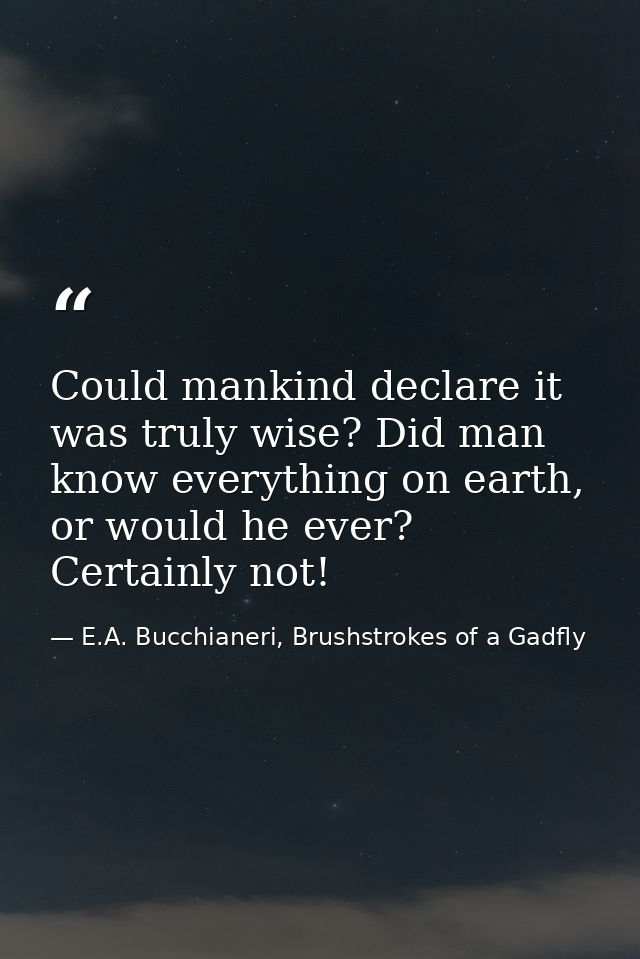 Could mankind declare it was truly wise? Did man know everything on earth, or would he ever? Certainly not! — E.A. Bucchianeri, Brushstrokes of a Gadfly