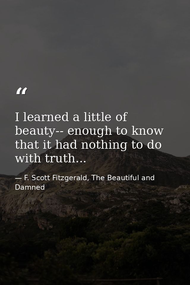 I learned a little of beauty-- enough to know that it had nothing to do with truth... — F. Scott Fitzgerald, The Beautiful and Damned