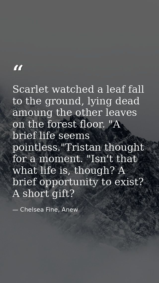 Scarlet watched a leaf fall to the ground, lying dead amoung the other leaves on the forest floor. "A brief life seems p — Chelsea Fine, Anew