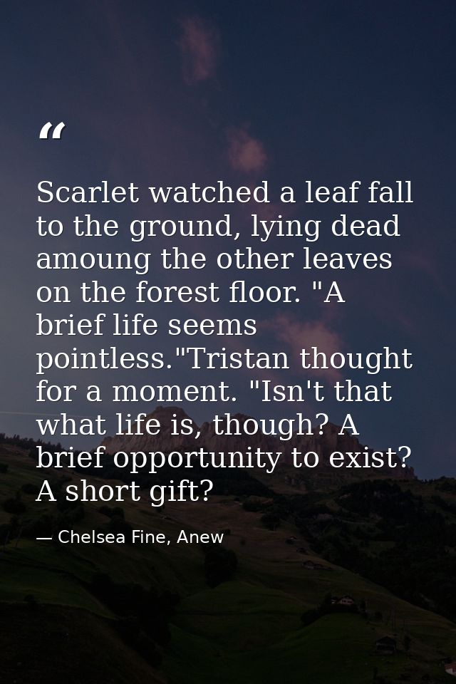 Scarlet watched a leaf fall to the ground, lying dead amoung the other leaves on the forest floor. "A brief life seems p — Chelsea Fine, Anew