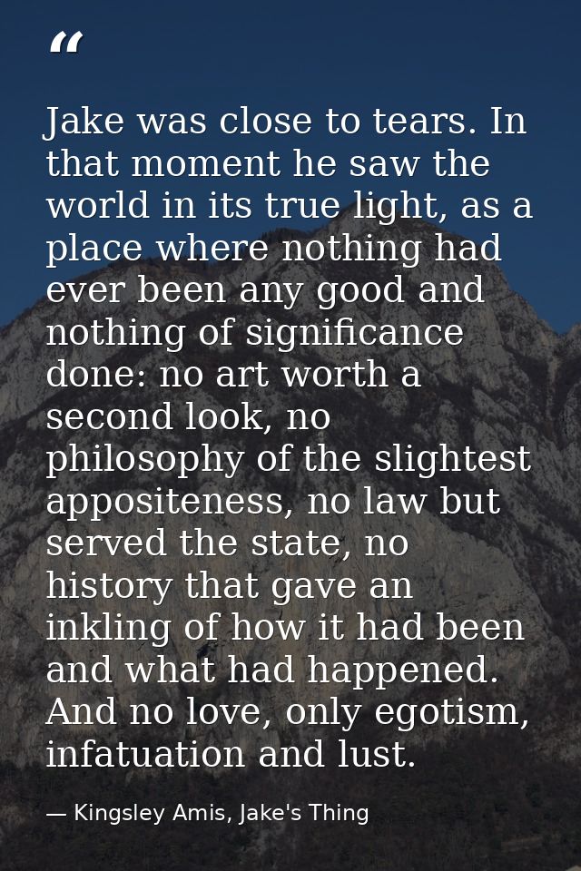 Jake was close to tears. In that moment he saw the world in its true light, as a place where nothing had ever been any g — Kingsley Amis, Jake's Thing