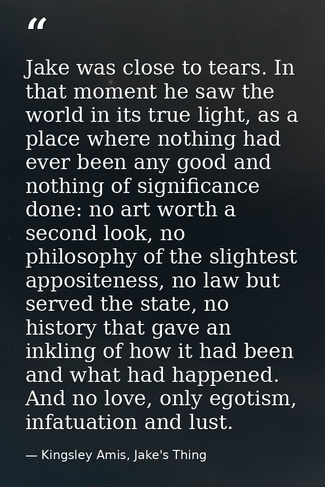 Jake was close to tears. In that moment he saw the world in its true light, as a place where nothing had ever been any g — Kingsley Amis, Jake's Thing