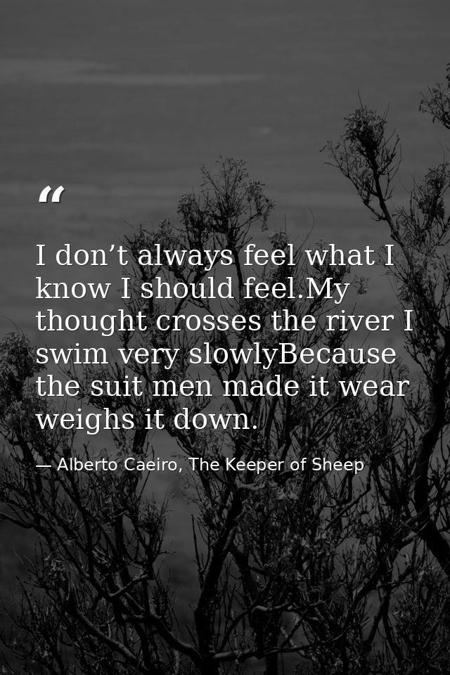 I don’t always feel what I know I should feel.My thought crosses the river I swim very slowlyBecause the suit men made i — Alberto Caeiro, The Keeper of Sheep