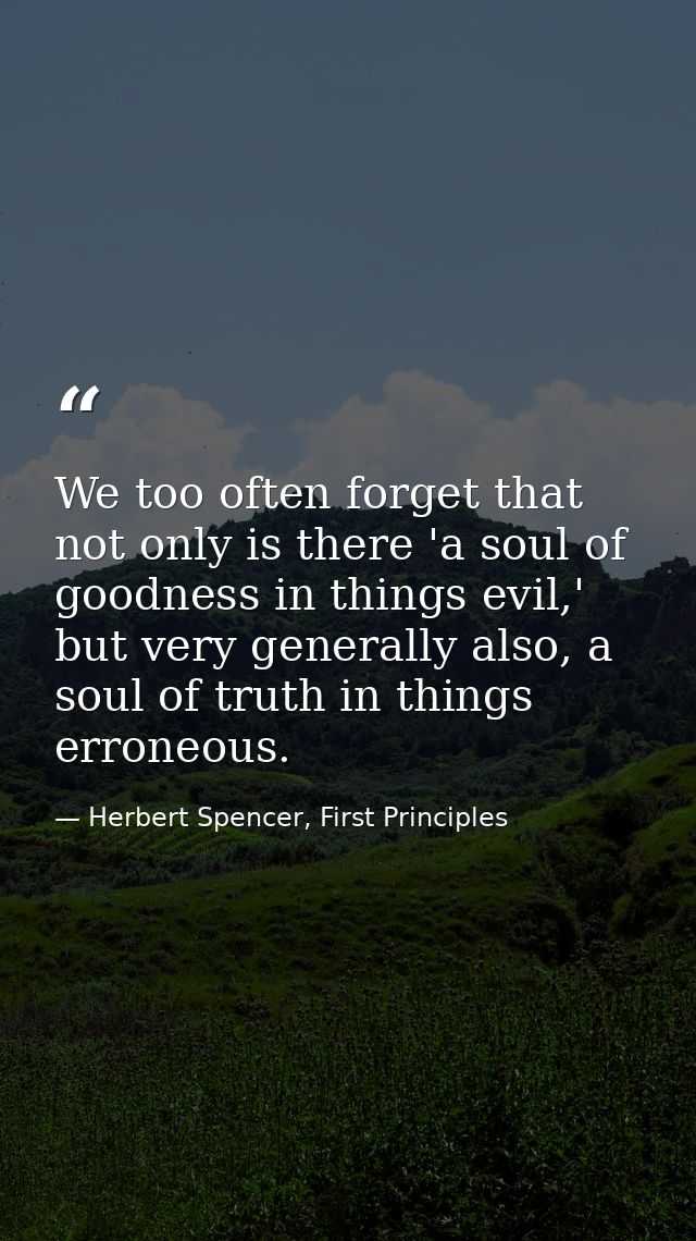 We too often forget that not only is there 'a soul of goodness in things evil,' but very generally also, a soul of truth — Herbert Spencer, First Principles