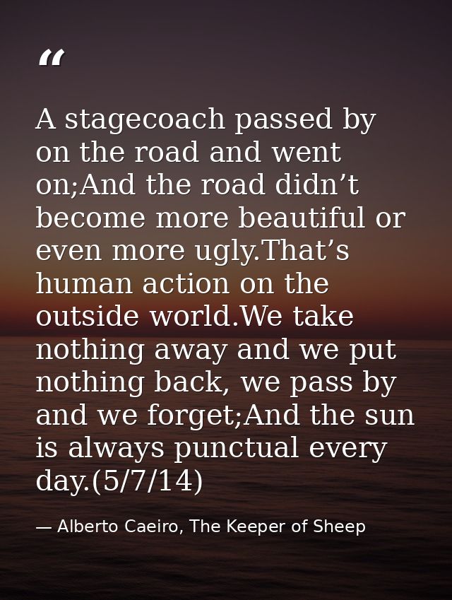 A stagecoach passed by on the road and went on;And the road didn’t become more beautiful or even more ugly.That’s human  — Alberto Caeiro, The Keeper of Sheep