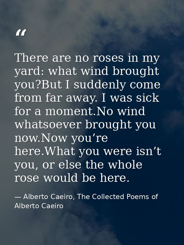 There are no roses in my yard: what wind brought you?But I suddenly come from far away. I was sick for a moment.No wind  — Alberto Caeiro, The Collected Poems of Alberto Caeiro