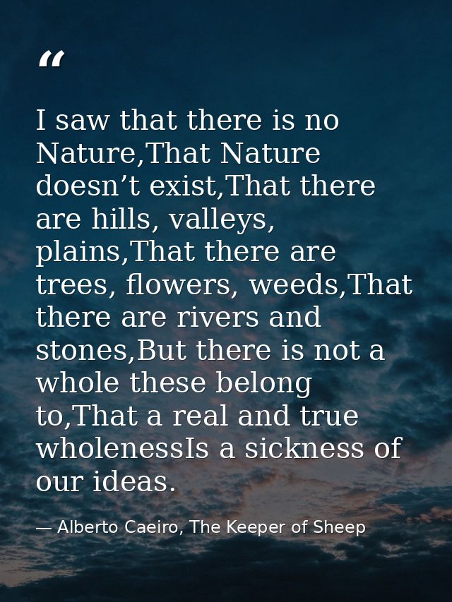 I saw that there is no Nature,That Nature doesn’t exist,That there are hills, valleys, plains,That there are trees, flow — Alberto Caeiro, The Keeper of Sheep