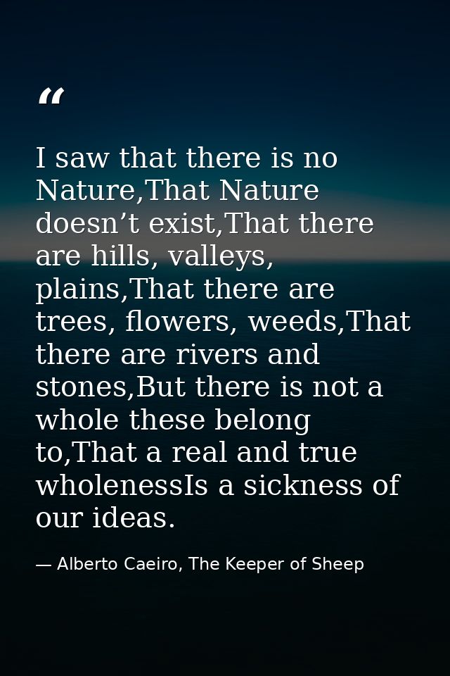 I saw that there is no Nature,That Nature doesn’t exist,That there are hills, valleys, plains,That there are trees, flow — Alberto Caeiro, The Keeper of Sheep