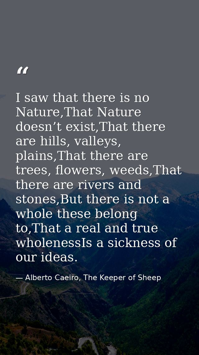 I saw that there is no Nature,That Nature doesn’t exist,That there are hills, valleys, plains,That there are trees, flow — Alberto Caeiro, The Keeper of Sheep