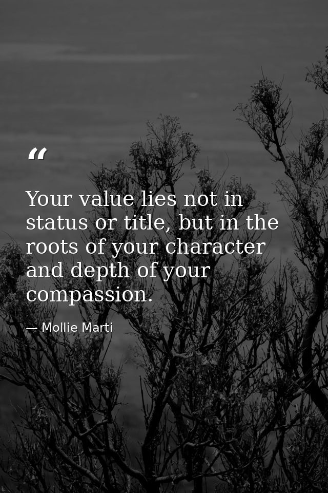 Your value lies not in status or title, but in the roots of your character and depth of your compassion. — Mollie Marti
