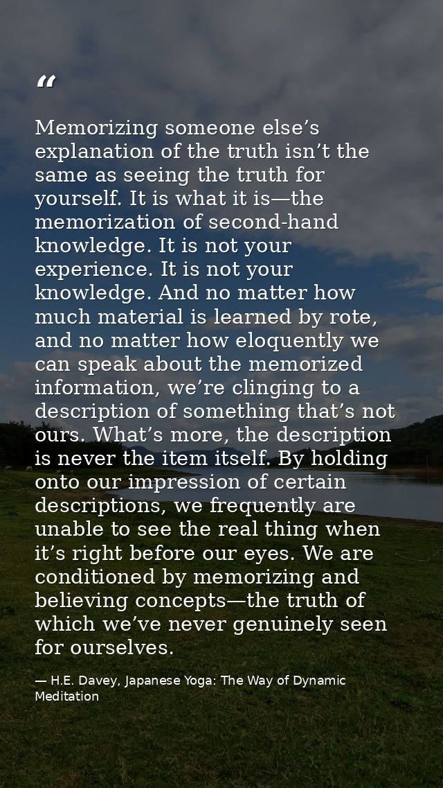 Memorizing someone else’s explanation of the truth isn’t the same as seeing the truth for yourself. It is what it is—the — H.E. Davey, Japanese Yoga: The Way of Dynamic Meditation