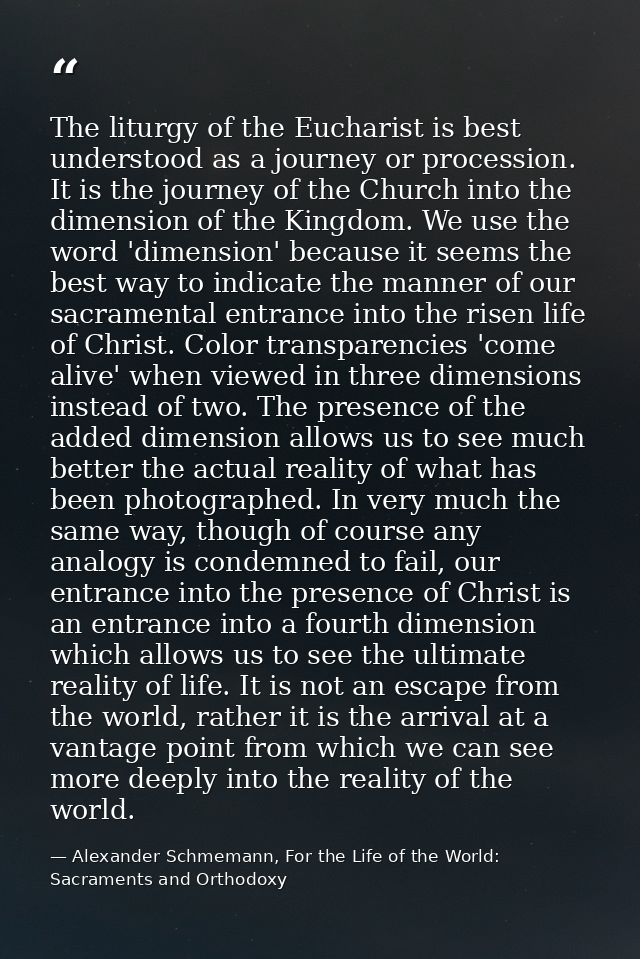 The liturgy of the Eucharist is best understood as a journey or procession. It is the journey of the Church into the dim — Alexander Schmemann, For the Life of the World: Sacraments and Orthodoxy