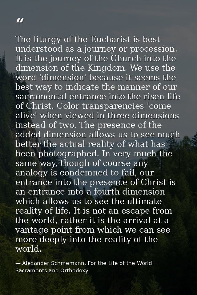 The liturgy of the Eucharist is best understood as a journey or procession. It is the journey of the Church into the dim — Alexander Schmemann, For the Life of the World: Sacraments and Orthodoxy