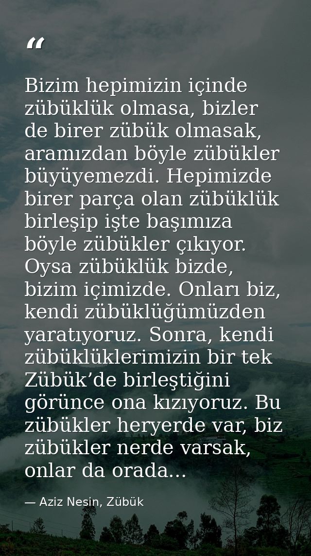 Bizim hepimizin içinde zübüklük olmasa, bizler de birer zübük olmasak, aramızdan böyle zübükler büyüyemezdi. Hepimizde b — Aziz Nesin, Zübük