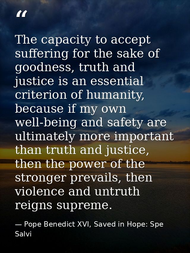 The capacity to accept suffering for the sake of goodness, truth and justice is an essential criterion of humanity, beca — Pope Benedict XVI, Saved in Hope: Spe Salvi