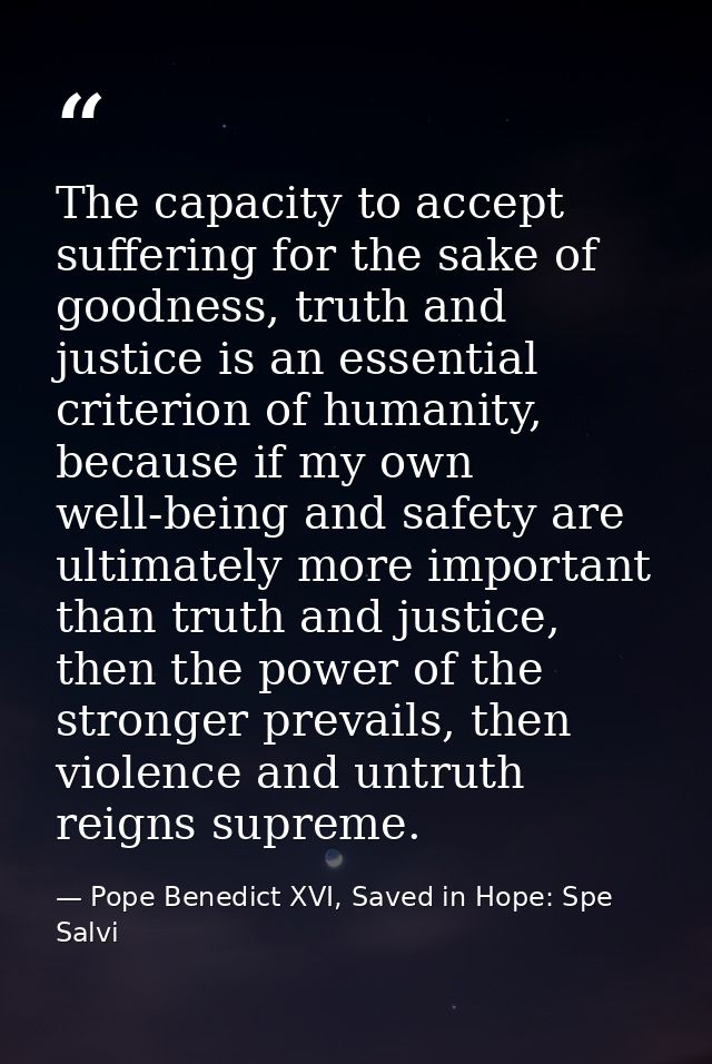 The capacity to accept suffering for the sake of goodness, truth and justice is an essential criterion of humanity, beca — Pope Benedict XVI, Saved in Hope: Spe Salvi