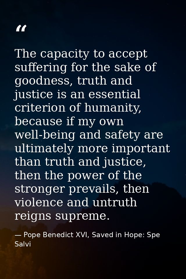 The capacity to accept suffering for the sake of goodness, truth and justice is an essential criterion of humanity, beca — Pope Benedict XVI, Saved in Hope: Spe Salvi