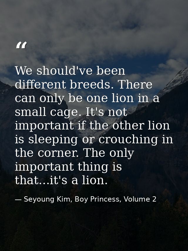 We should've been different breeds. There can only be one lion in a small cage. It's not important if the other lion is  — Seyoung Kim, Boy Princess, Volume 2