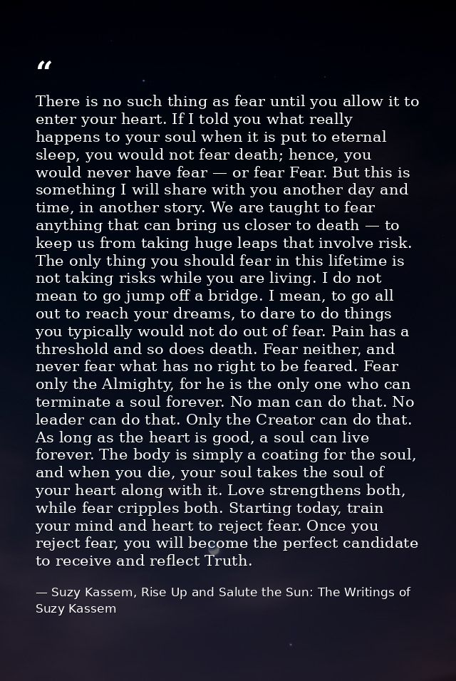 There is no such thing as fear until you allow it to enter your heart. If I told you what really happens to your soul wh — Suzy Kassem, Rise Up and Salute the Sun: The Writings of Suzy Kassem