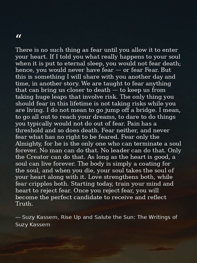 There is no such thing as fear until you allow it to enter your heart. If I told you what really happens to your soul wh — Suzy Kassem, Rise Up and Salute the Sun: The Writings of Suzy Kassem