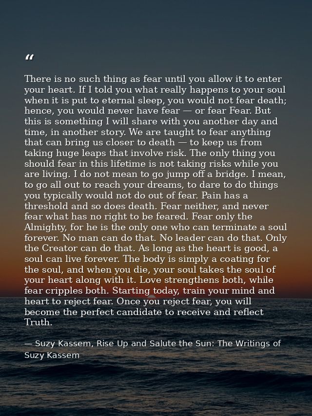 There is no such thing as fear until you allow it to enter your heart. If I told you what really happens to your soul wh — Suzy Kassem, Rise Up and Salute the Sun: The Writings of Suzy Kassem