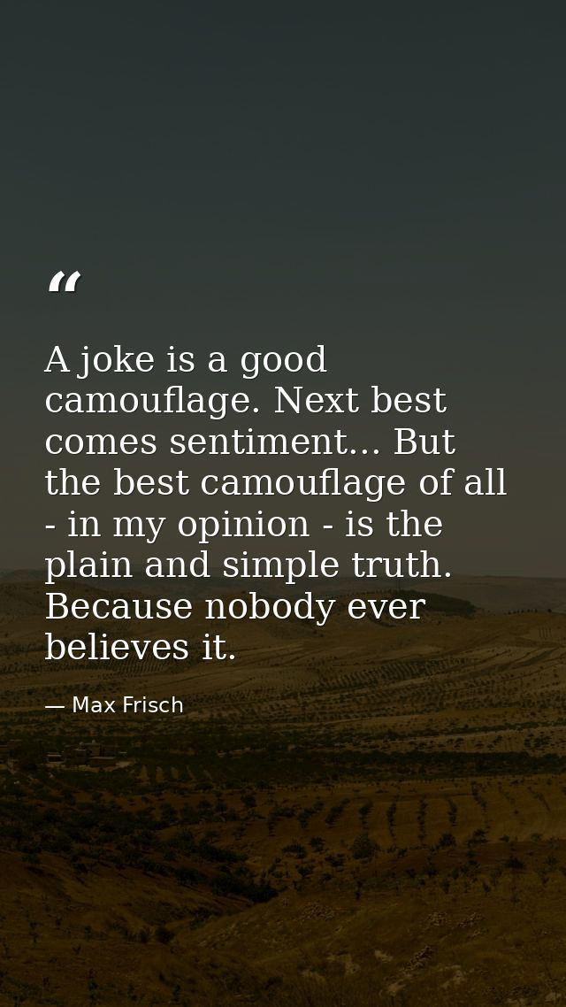 A joke is a good camouflage. Next best comes sentiment... But the best camouflage of all - in my opinion - is the plain  — Max Frisch