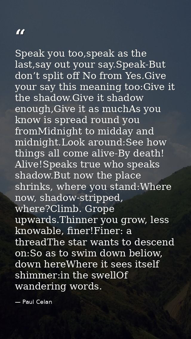 Speak you too,speak as the last,say out your say.Speak-But don’t split off No from Yes.Give your say this meaning too:Gi — Paul Celan