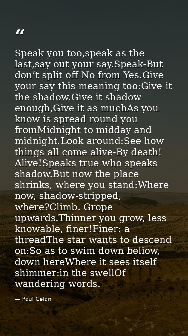 Speak you too,speak as the last,say out your say.Speak-But don’t split off No from Yes.Give your say this meaning too:Gi — Paul Celan