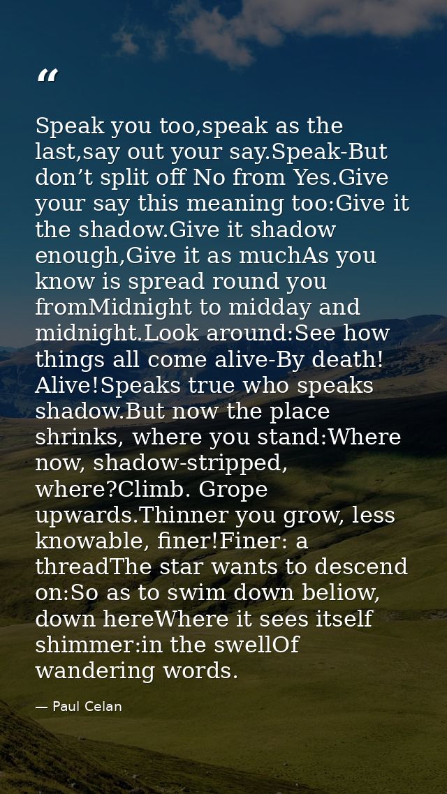 Speak you too,speak as the last,say out your say.Speak-But don’t split off No from Yes.Give your say this meaning too:Gi — Paul Celan