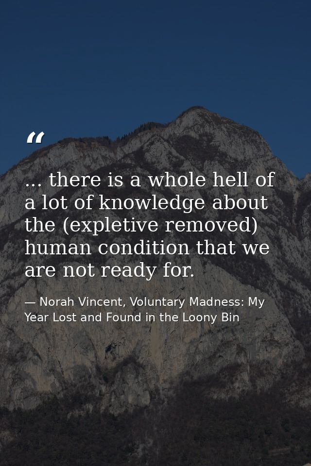 ... there is a whole hell of a lot of knowledge about the (expletive removed) human condition that we are not ready for. — Norah Vincent, Voluntary Madness: My Year Lost and Found in the Loony Bin