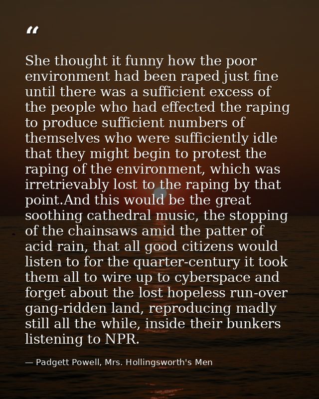She thought it funny how the poor environment had been raped just fine until there was a sufficient excess of the people — Padgett Powell, Mrs. Hollingsworth's Men
