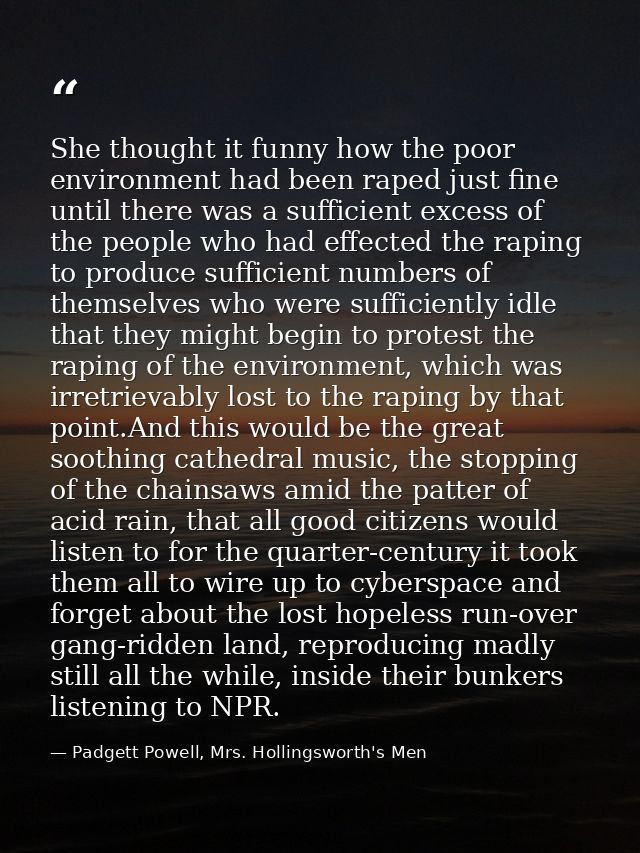 She thought it funny how the poor environment had been raped just fine until there was a sufficient excess of the people — Padgett Powell, Mrs. Hollingsworth's Men