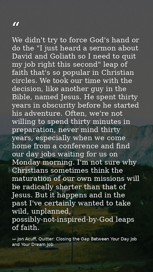We didn't try to force God's hand or do the "I just heard a sermon about David and Goliath so I need to quit my job righ — Jon Acuff, Quitter: Closing the Gap Between Your Day Job and Your Dream Job