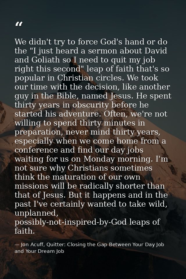 We didn't try to force God's hand or do the "I just heard a sermon about David and Goliath so I need to quit my job righ — Jon Acuff, Quitter: Closing the Gap Between Your Day Job and Your Dream Job