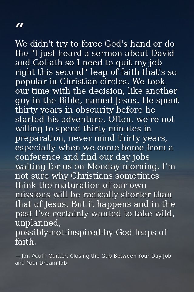 We didn't try to force God's hand or do the "I just heard a sermon about David and Goliath so I need to quit my job righ — Jon Acuff, Quitter: Closing the Gap Between Your Day Job and Your Dream Job