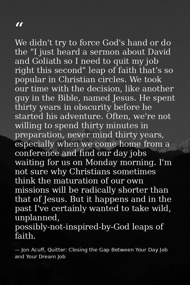 We didn't try to force God's hand or do the "I just heard a sermon about David and Goliath so I need to quit my job righ — Jon Acuff, Quitter: Closing the Gap Between Your Day Job and Your Dream Job