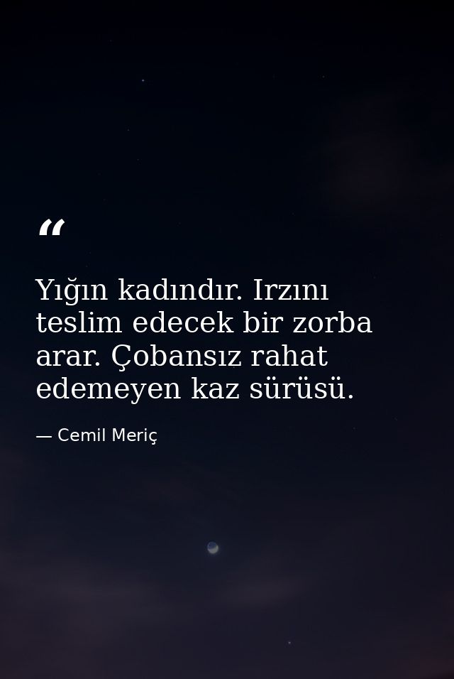 Yığın kadındır. Irzını teslim edecek bir zorba arar. Çobansız rahat edemeyen kaz sürüsü. — Cemil Meriç