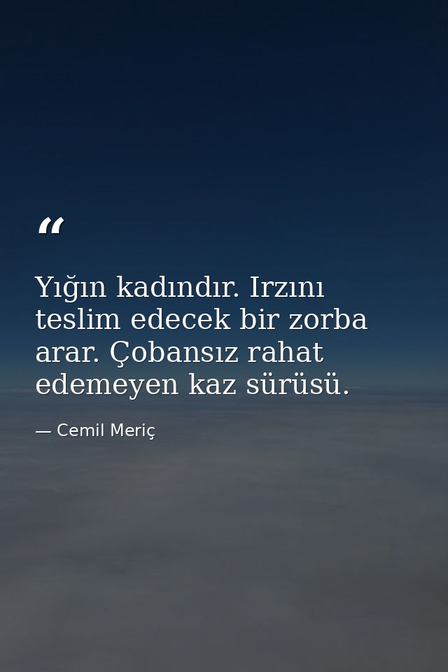 Yığın kadındır. Irzını teslim edecek bir zorba arar. Çobansız rahat edemeyen kaz sürüsü. — Cemil Meriç
