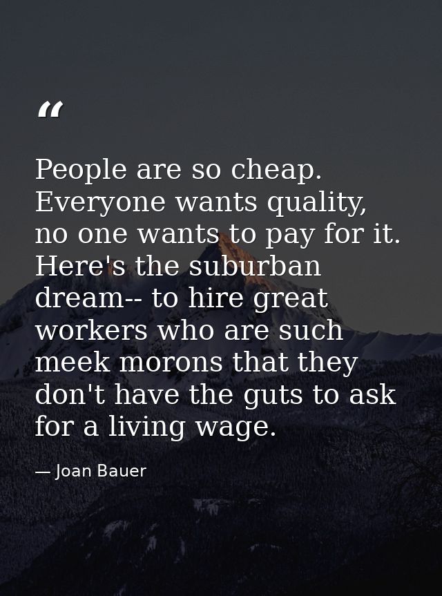 People are so cheap. Everyone wants quality, no one wants to pay for it. Here's the suburban dream-- to hire great worke — Joan Bauer