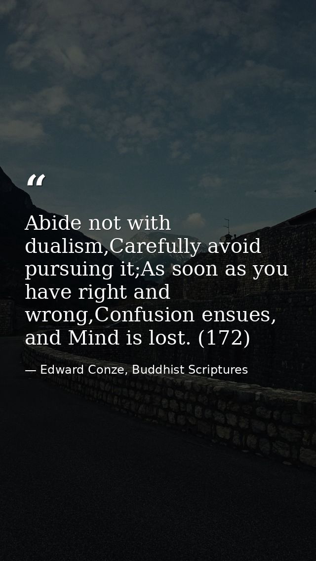 Abide not with dualism,Carefully avoid pursuing it;As soon as you have right and wrong,Confusion ensues, and Mind is los — Edward Conze, Buddhist Scriptures