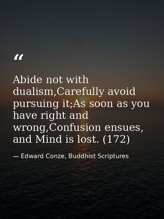 Abide not with dualism,Carefully avoid pursuing it;As soon as you have right and wrong,Confusion ensues, and Mind is los — Edward Conze, Buddhist Scriptures