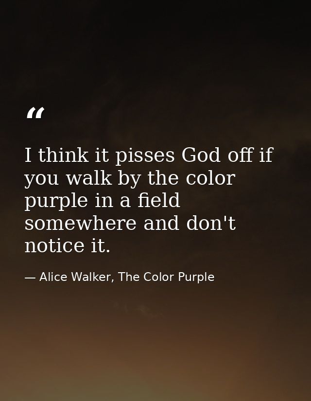 I think it pisses God off if you walk by the color purple in a field somewhere and don't notice it. — Alice Walker, The Color Purple