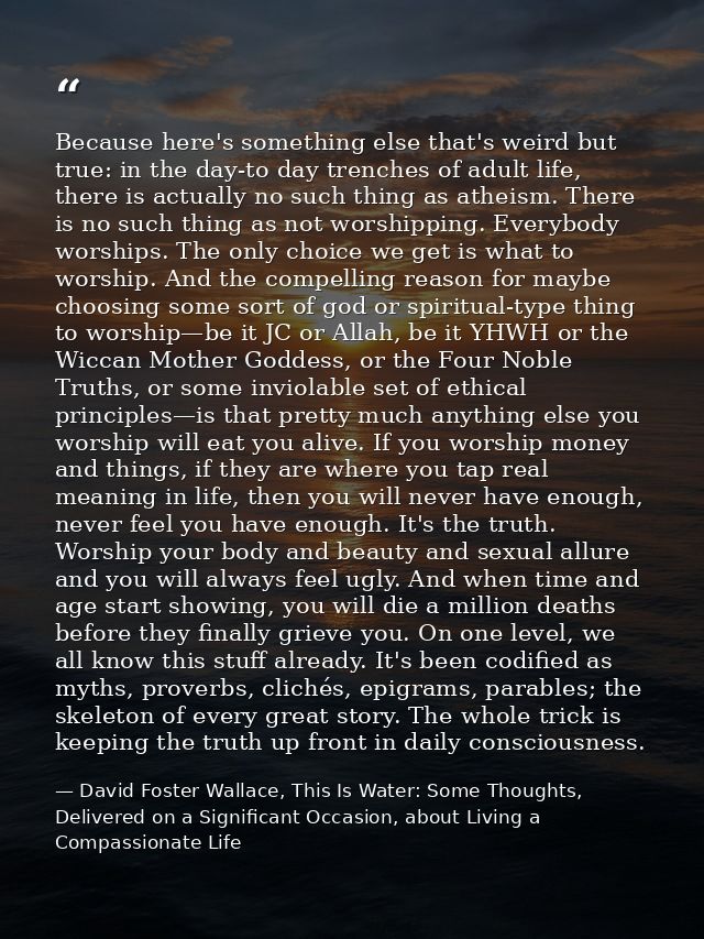 Because here's something else that's weird but true: in the day-to day trenches of adult life, there is actually no such — David Foster Wallace, This Is Water: Some Thoughts, Delivered on a Significant Occasion, about Living a Compassionate Life