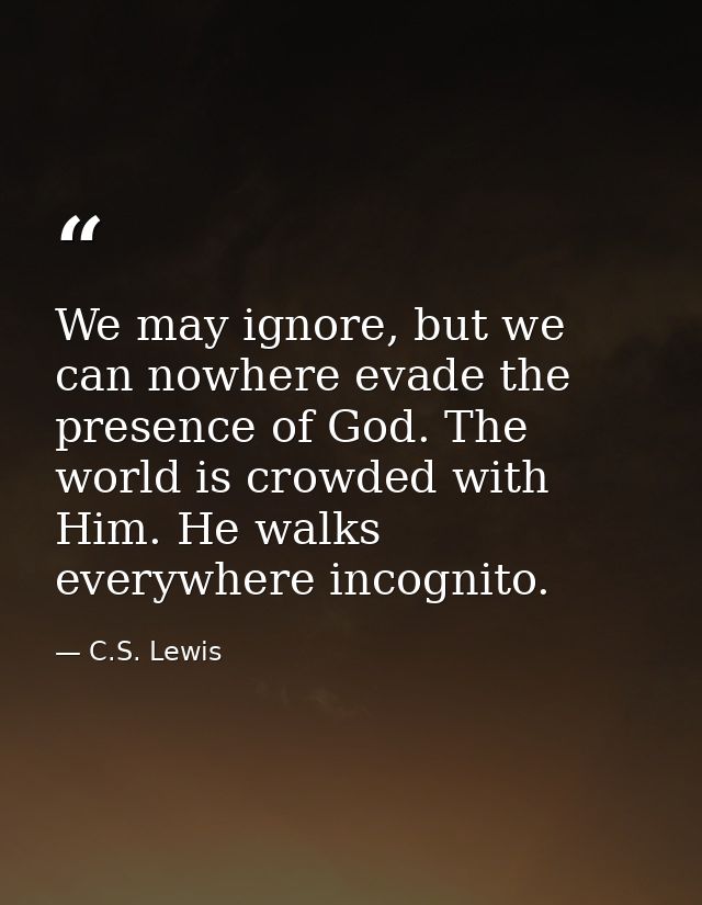 We may ignore, but we can nowhere evade the presence of God. The world is crowded with Him. He walks everywhere incognit — C.S. Lewis