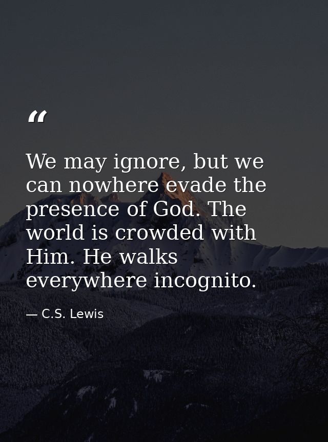 We may ignore, but we can nowhere evade the presence of God. The world is crowded with Him. He walks everywhere incognit — C.S. Lewis