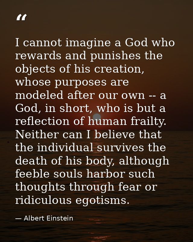 I cannot imagine a God who rewards and punishes the objects of his creation, whose purposes are modeled after our own -- — Albert Einstein
