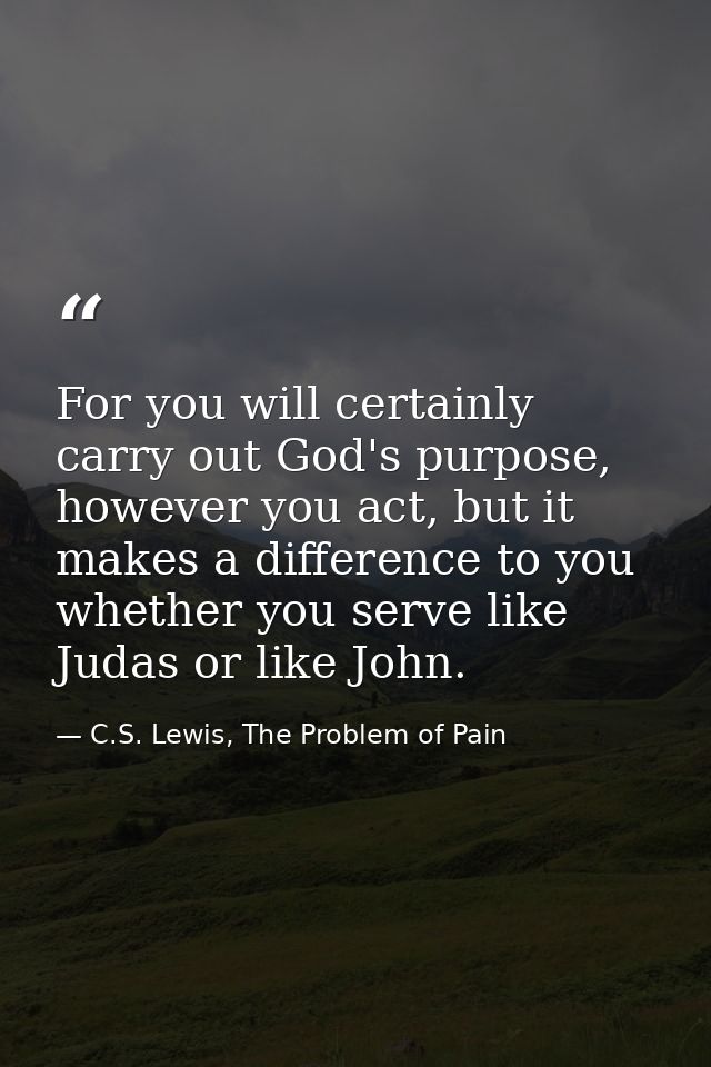 For you will certainly carry out God's purpose, however you act, but it makes a difference to you whether you serve like — C.S. Lewis, The Problem of Pain