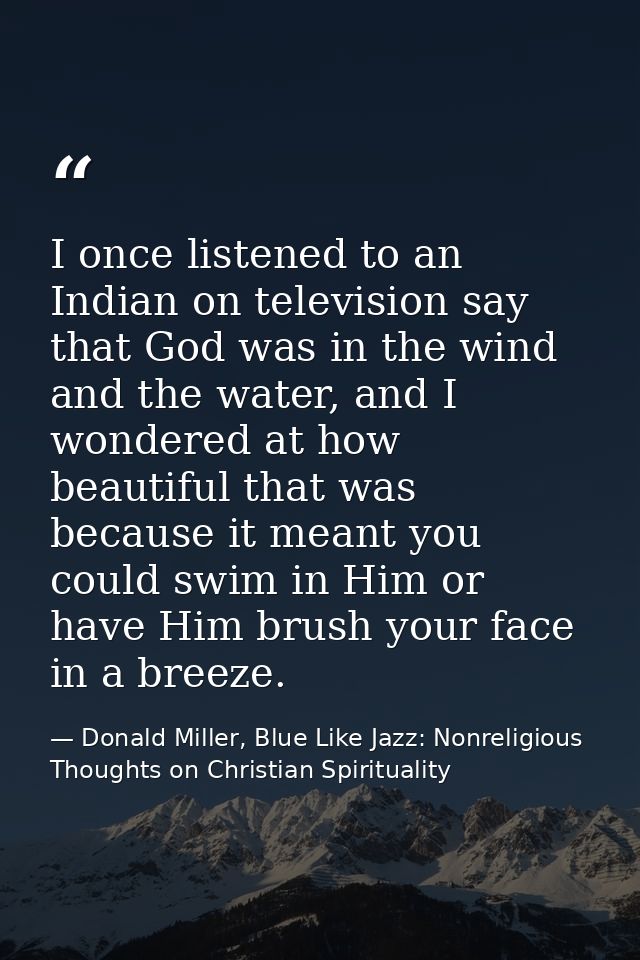 I once listened to an Indian on television say that God was in the wind and the water, and I wondered at how beautiful t — Donald Miller, Blue Like Jazz: Nonreligious Thoughts on Christian Spirituality